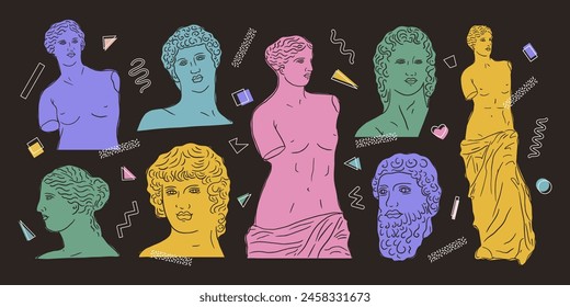 Greek ancient statues set, various antique. Heads, body. Vector hand drawn illustrations of classic sculpture in trendy modern style