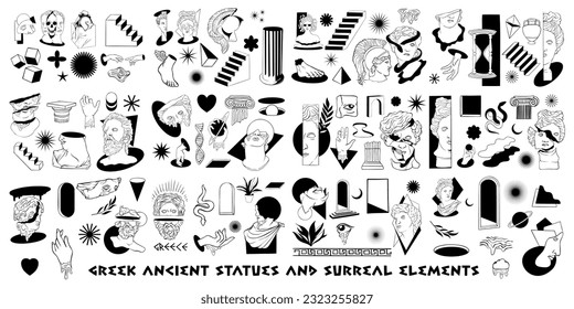 Greek ancient statues surreal elements with psychedelic black white seamless pattern vector, Mega bundle of surrealism mystical doodles clipart, Sculpture Ornament Illustration