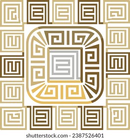 Greek ancient style square frame, border, mandala seamless pattern with greek key meanders. Vector white background illustration with golden frames, borders, signs, symbols. Modern beautiful ornaments