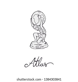 Greek ancient titan sculpture. Black outline drawing illustration. Man holding globe on the knees. Calligraphy letters tittle. Typography font.