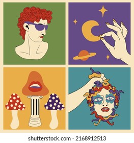 Greek ancient trippy sculpture retro posters set. Vector outline illustrations of modern statues and ancient elements in trendy psychedelic retro style.