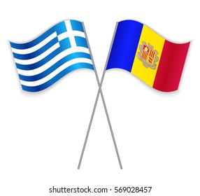 Greek and Andorran crossed flags. Greece combined with Andorra isolated on white. Language learning, international business or travel concept.