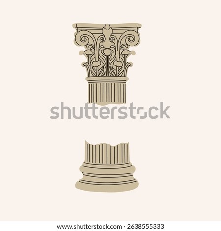 Greek antique architecture element. Column capital, classic Corinthian order design. Historic marble pillar. Flat vector illustration isolated on white background.