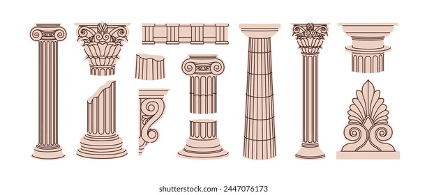 Greek antique architecture elements set. Ancient columns, Roman pillars and vintage constructions. Hand-drawn old classic architectural structures. Vector illustration isolated on white background