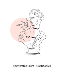 Greek antique bust of woman with branch with leaves. Modern art. 