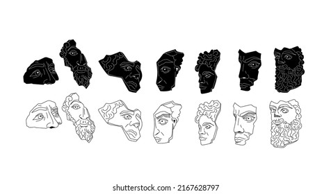 Greek antique face statues of a gods and a heros, vector black white line and solid silhouettes ancient greece sculptures, Apollo mask, hand drawn isolated clip art collection