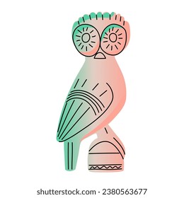 Greek antique sculpture of an owl. The bird is isolated. Owl of Athena. Greek mythology. Vector illustration. Element with color gradient and outline. Hand drawn.