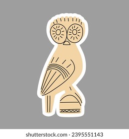 Greek antique sculpture of an owl. Bird sticker isolated. Owl of Athena. Greek mythology. Vector illustration. Element in beige color with a line. Hand drawn.