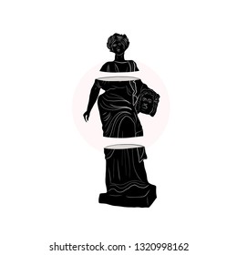Greek antique sculpture of woman holding the head of man in her hand. Graphic black and white linear drawing of female figure in marble. 
