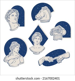 Greek Antique Statue, Ancient Sculpture Art Sticker Set. Vector Gold Stars Galaxy Surrealism. Head, Hand, Horse, Column