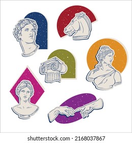 Greek Antique statue, ancient sculpture art sticker set. Vector color geometry surrealism. Head, hand, horse, column