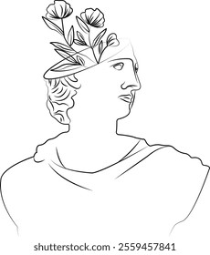 Greek Antique statue with flowers growing from head symbolizing nature and rebirth. Apollo line art, black and white illustration