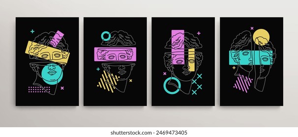 Greek antique statue head with abstract Pop Art elements - contemporary art concept. Minimal Pop Art poster, interior decor, print dsgn. Modern abstract interior posters 4. Editable vector 