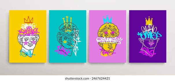 Greek antique statue head with  street art graffiti crown tags. Editable vector Contemporary art concept. Grunge Pop Art poster, interior painting, print design. Modern abstract artwork collection 5