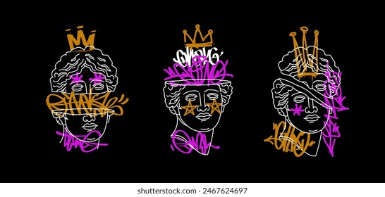 Greek antique statue head with street art graffiti crown tags. Editable vector Contemporary art concept. Grunge Pop Art poster, interior painting, print design. Modern abstract artwork template 7