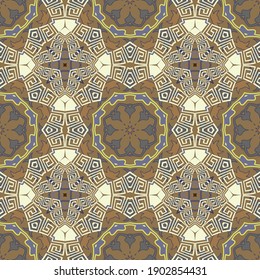 Greek arabesque style seamless pattern. Geometric colorful background. Vector repeat patterned arabic backdrop. Abstract ornaments with borders, frames, greek key, meanders, geometric shapes, flowers.