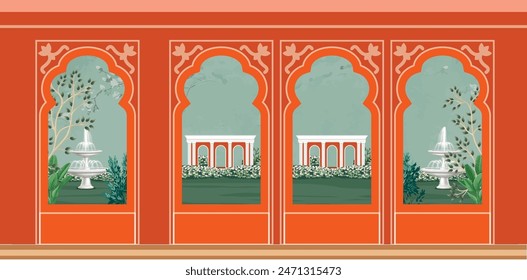 Greek arch, ancient greek garden wallpaper.Greek, Roman, garden, peacock, wallpaper Illustrations. Roman architecture dome, fountain, parrot landscape illustration for wallpaper.
