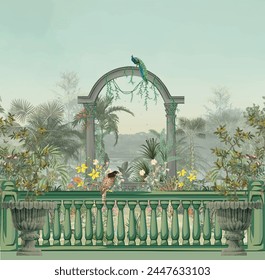 Arco griego, jardín, pavo real, ilustraciones de Fondo de pantalla. arte de la selva diseño de Fondo de pantalla.