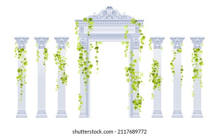 Greek arch pillar vector set with ivy plant.  Roman antique architecture frame with stone column, vine. White marble door portal and green ivy plant. Classic arch pillar palace building illustration