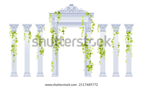 Greek arch pillar vector set with ivy plant.\
 Roman antique architecture frame with stone column, vine. White\
marble door portal and green ivy plant. Classic arch pillar palace\
building illustration