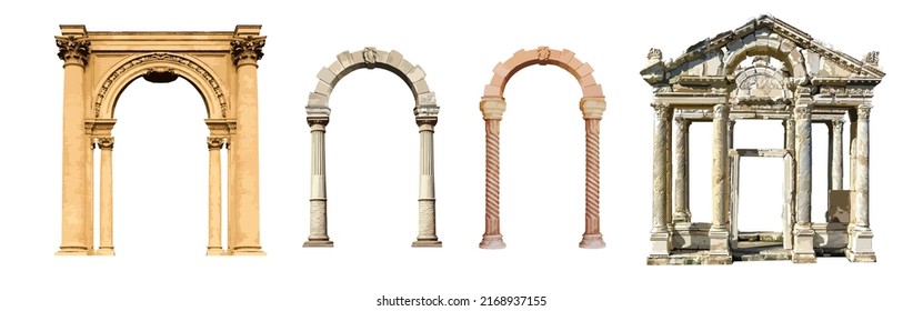 Greek arches, collection, types of arches, aged stone, classical forms of architectural elements, archeology and history, monumental columns, keystone, capitals and friezes, antique elements
