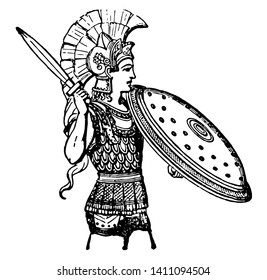 Greek Armor worn by the Greek soldiers as art armor, vintage line drawing or engraving illustration.