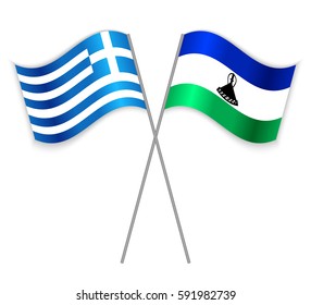Greek and Basotho crossed flags. Greece combined with Lesotho isolated on white. Language learning, international business or travel concept.