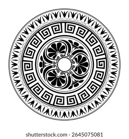 Greek black round ornament on white background. Round ornament with Greek key meanders. Greek key. Greek vector pattern. Typical egyptian, assyrian motives, circle border. Vector illustration