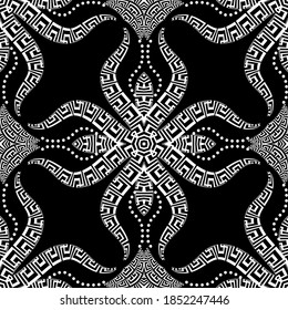 Greek black and white floral seamless pattern. Ornamental vector background. Geometric abstract repeat backdrop. Beautiful ethnic style ornament with greek key, meanders, frames, shapes, flowers, dots