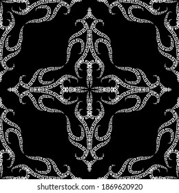 Greek black and white floral seamless pattern. Ornamental vector background. Damask style repeat patterned backdrop. Floral ethnic  abstract ornament with greek key, meanders, frames, shapes, flowers.