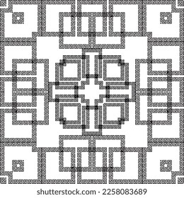 Greek black and white geometric seamless pattern. Modern vector background. Repeat geometrical backdrop. Squares ornaments with square frames, geometric shapes, symbols, signs. Greek key, meanders.