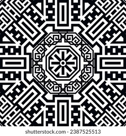 Moqueta radial griega en blanco y negro sin fisuras. Fondo vectorial geométrico moderno. Repetir el trasfondo étnico tribal. Filas ornamentos de moda con símbolos antiguos de grecia, carteles. Llave griega, serpenteantes.