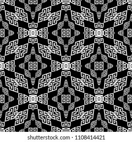 Greek black and white seamless pattern. Vector ornamental geometric background. Greek key, meanders monochrome ornament. Geometrical shapes, circles. Decorative isolated design for fabric, wallpapers