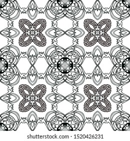 Greek black and white seamless pattern. Abstract floral Damask background. Vintage Baroque Victorian style patterns. Geometric shapes, flowers, leaves, circles. Greek key meanders ornament. Isolated.