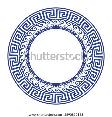 Greek blue round frame. Patterns of Greece and ancient Rome. Greek round frame. Round ornament. Greek meander. Round antique greek border. Typical egyptian, assyrian and china motives