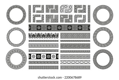 Greek border collection. Decorative antique roman geometric ornament, classical fancy frame mediterranean style. Vector isolated set. Round ethnic frames and corners for decoration