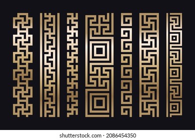 Greek borders, golden seamless meander from a repeated motif - Greek fret or key design. Vector illustration on a black background.