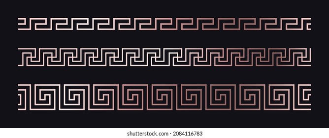 Greek borders, rose gold seamless meander from a repeated motif - Greek fret or key design. Vector illustration on a black background.