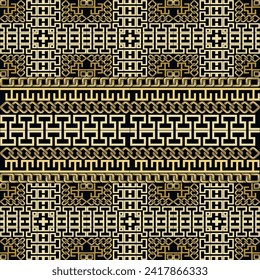 Greek borders seamless pattern with golden chains. Ornamental border background. Repeat modern ornaments. Tribal ethnic style design. Abstract patterned ornate backdrop. Greek key, meanders, chains.