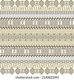 Greek Borders. Greek seamless pattern. Ornamental border background. Repeat modern ornament. Tribal ethnic style isolated design on white. Abstract patterned ornate backdrop. Greek key, meanders.