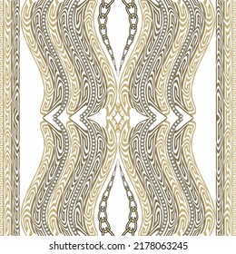 Greek Borders. Greek seamless pattern. Ornamental vertical wavy border background. Repeat modern golden ornament with chains, greek key, meanders, waves. Ornate isolated creative design on white.
