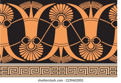 Fronteras griegas. Patrón griego sin soldadura. Fondo de la frontera ornamental. Repetir el adorno moderno. Diseño aislado de estilo étnico tribal en blanco. Resumen de fondo adornado con motivos ornamentales. Llave griega, serpenteantes.
