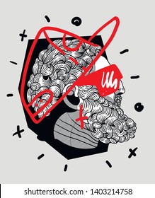 Greek boxer sculpture with cap and glasses. Vector illustration hand drawn. Crazy portrait.