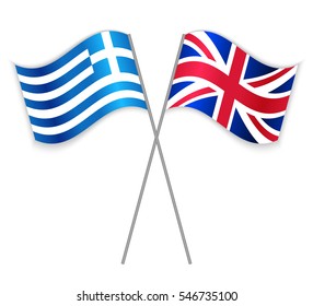 Greek and British crossed flags. Greece combined with United Kingdom isolated on white. Language learning, international business or travel concept.