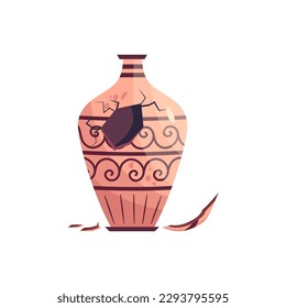 Greek broken vase ancient jar isolated. Ceramic broken vase with greek symbol. Cartoon vector illustration. Pottery jar earthenware antique design