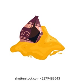 Greek broken vase in sand pile ancient jar isolated. Ceramic broken vase with greek symbol. Cartoon vector illustration. Pottery jar earthenware antique design