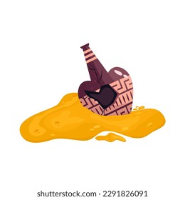 Greek broken vase in sand pile ancient jar isolated. Ceramic broken vase with greek symbol. Cartoon vector illustration. Pottery jar earthenware antique design