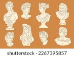 Greek bust. Plaster statue david apollo artemis demeter portrait, women greek goddess roman sculptures marble michaelangelo ancient monument, ingenious vector illustration of greek antique sculpture