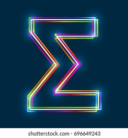 Greek Capital Letter Sigma. Multicolor outline font with glowing effect on blue background. Vector EPS10