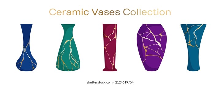 Greek ceramic vases vector collection. Pottery ceramic vases for flower ikebana with gold line kintsugi patterns. Room decor pottery. Elegant jars illustration set.